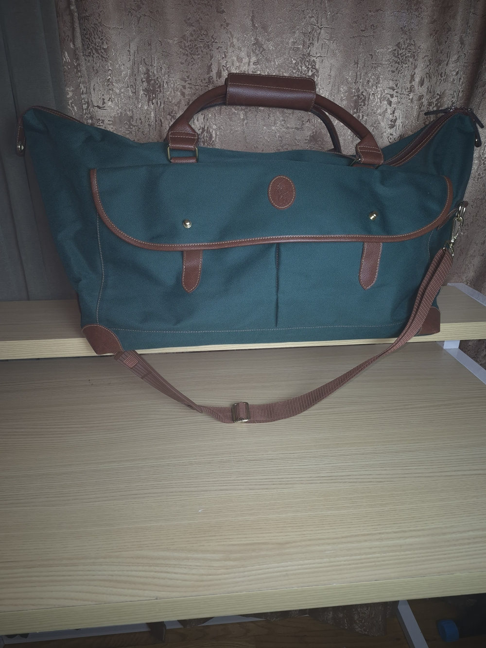 Mens Ralph Lauren 1990'S Teal Canvas Duffel with Brown Leather Trim